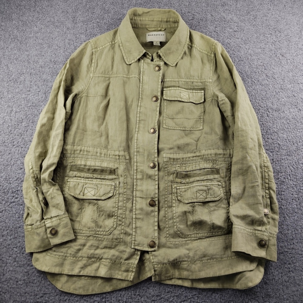 Marrakech Anthropologie Womens Green 100% Linen Utility Military Jacket Medium M